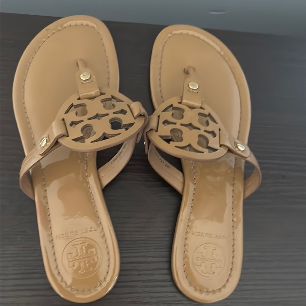 Tory Burch Miller Patent Tan Sandals